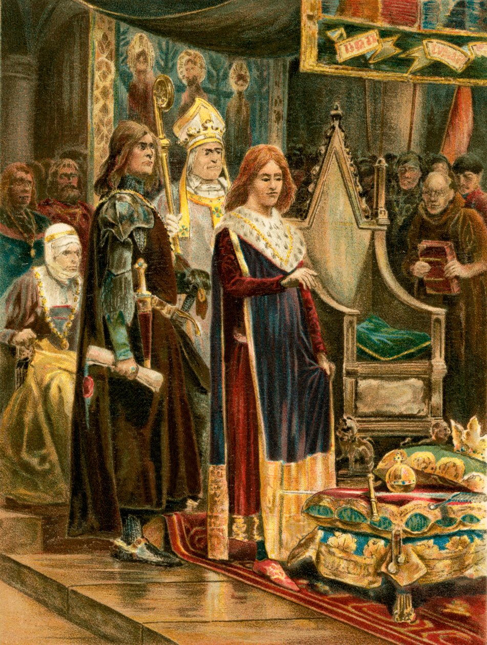 Investitura Eduarda III. do palia (barevná litografie) od English School