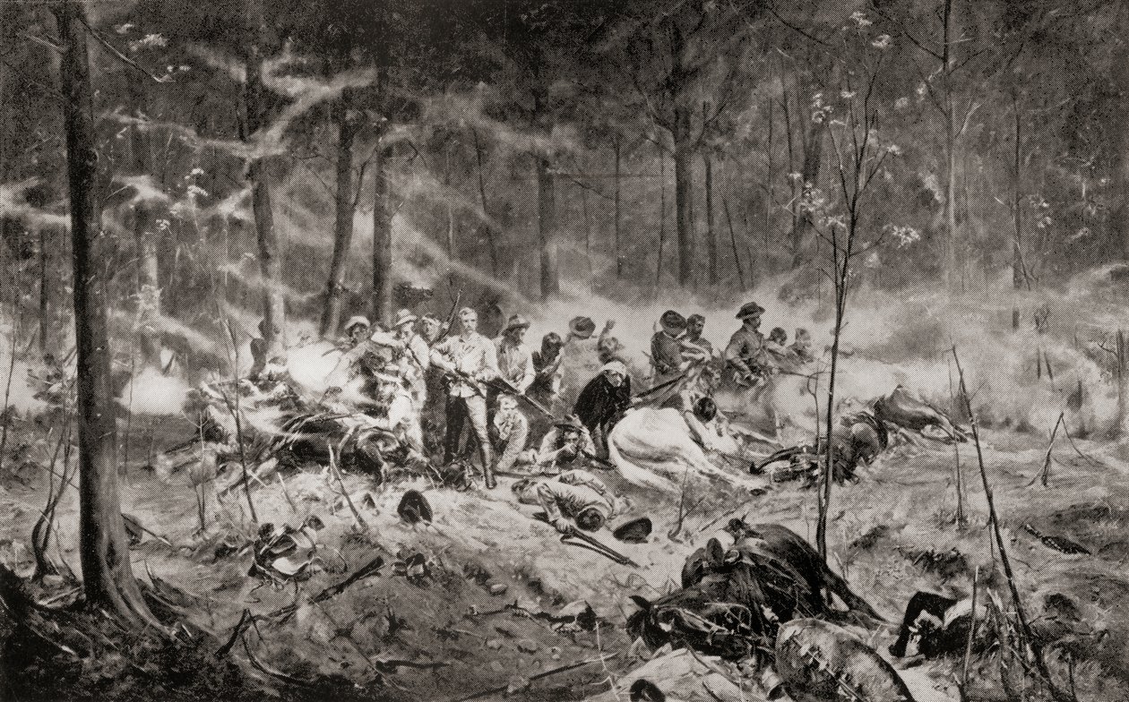 Poslední stání majora Allana Wilsona na řece Shangani, Matabeleland, během první války v Matabele v roce 1893, po malbě Allana Stewarta, z „Jižní Afrika a válka o Transvaal: sv. 1