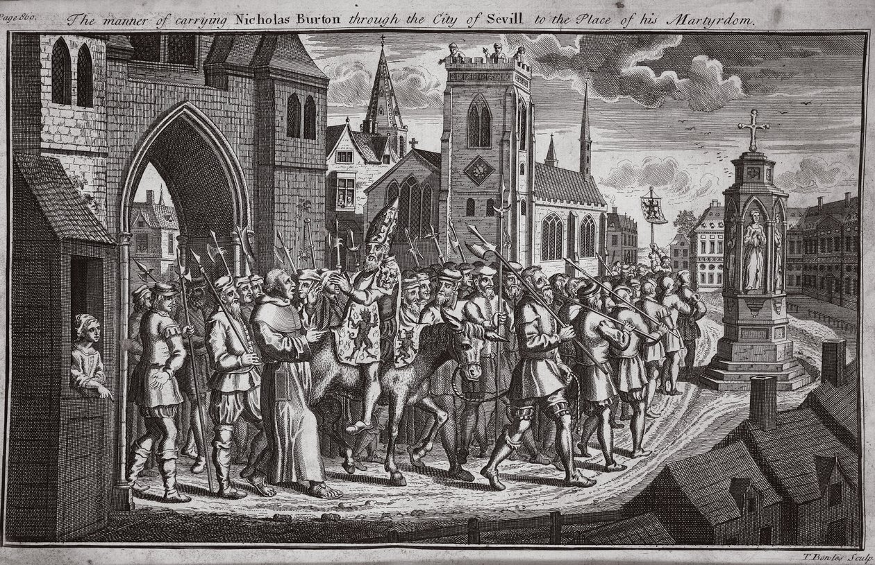 Způsob přepravy Nicholase Burtona přes město Sevilla na místo jeho mučednické smrti, ilustrace z Foxes Martyrs c.1703 od English School