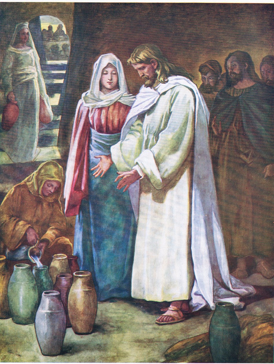 Svatba v Káně Galilejské, z knihy The Bible Picture Book vydané nakladatelstvím Thomas Nelson, cca 1950 (barevná litografie) od English School