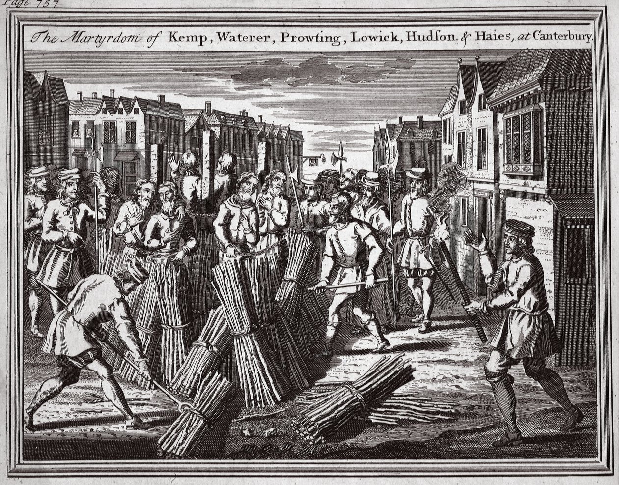 Umučení Kempa, Waterera, Prowtinga, Lowicka, Hudsona a Haiese v Canterbury, ilustrace z knihy "Foxes Martyrs", cca 1703 (litografie) od English School