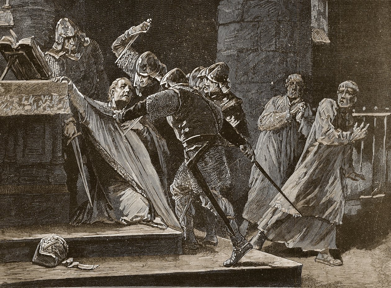 Zavraždění Becketa v katedrále v Canterbury, ilustrace z Cassells Illustrated History of England (sépiová fotografie) od English School