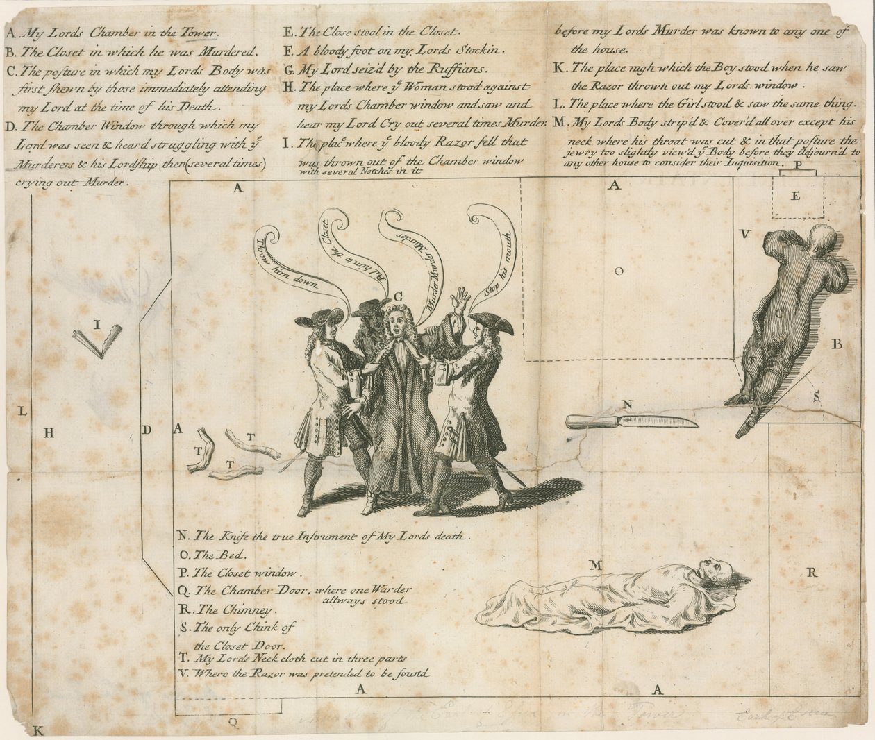 Vražda hraběte z Essexu v londýnském Toweru v roce 1683 (rytina) od English School