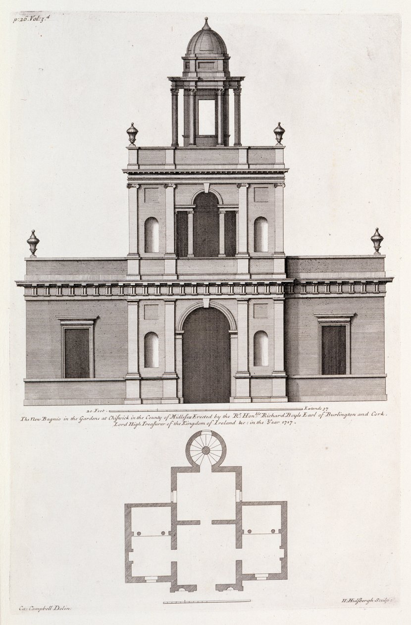 Nové „Bagnio“ v zahradách v Chiswick House, od „Vitruvius Britannicus nebo The British Architect“ od Colen Campbell (rytina) od English School