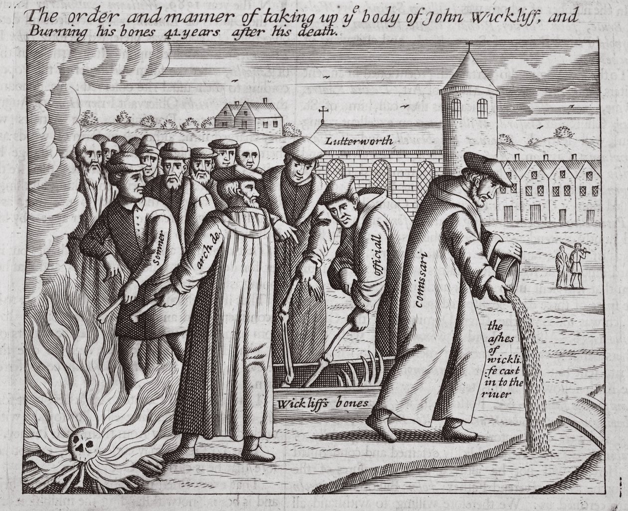 Pořadí a způsob převzetí těla Johna Wickliffa a spálení jeho kostí 44 let po jeho smrti, ilustrace z Acts and Monuments od Johna Foxe, deváté vydání, pub. 1684 od English School