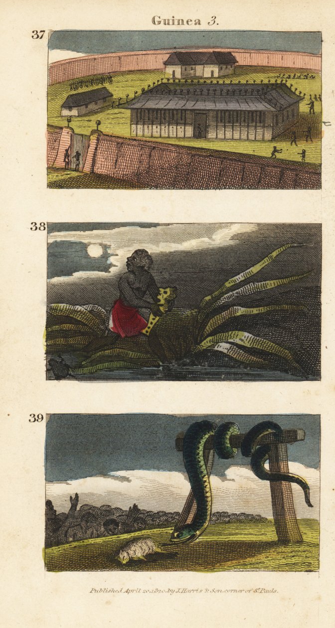 Palác krále Dahomey v Abomey 37, Afričan skrývající fetiš 38 a lidé z Whydah uctívající obrovského hada 39 od English School