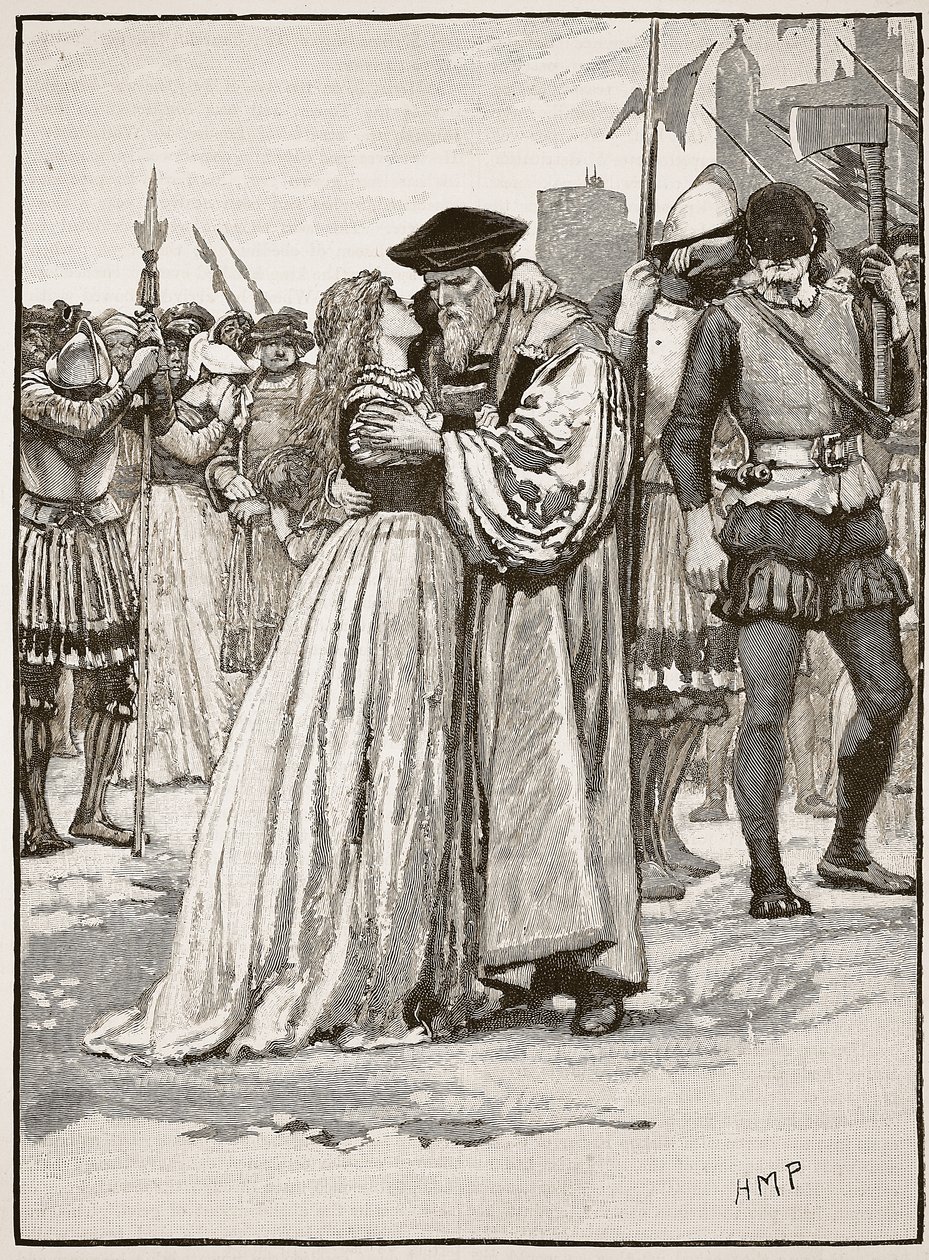 Rozchod sira Thomase Mora a jeho dcery, ilustrace z Cassells Illustrated History of England (sépiová fotografie) od English School