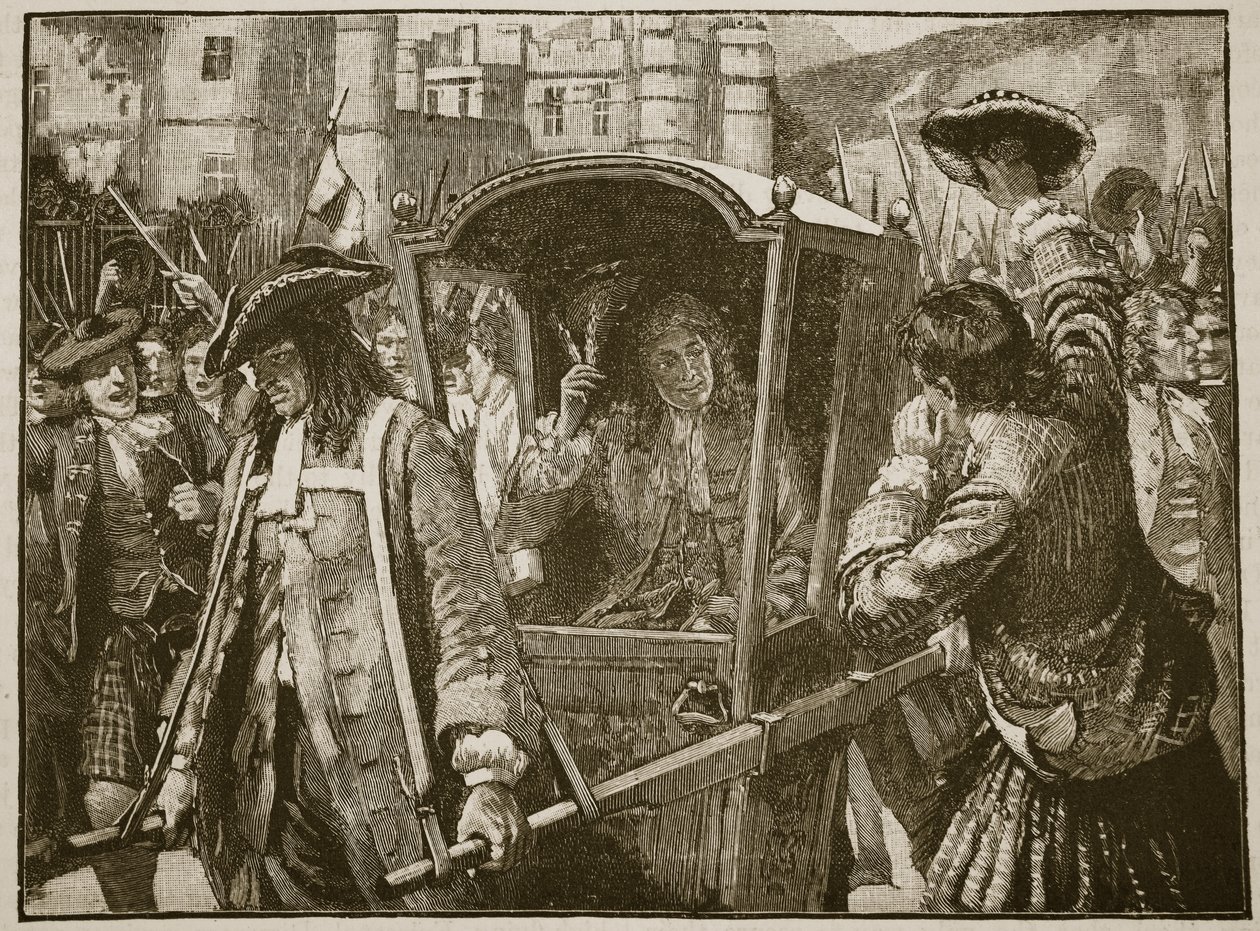 Obyvatelé Edinburghu doprovázející vévodu z Hamiltonu do paláce Holyrood, ilustrace z Cassells Illustrated History of England (sépiová fotografie) od English School