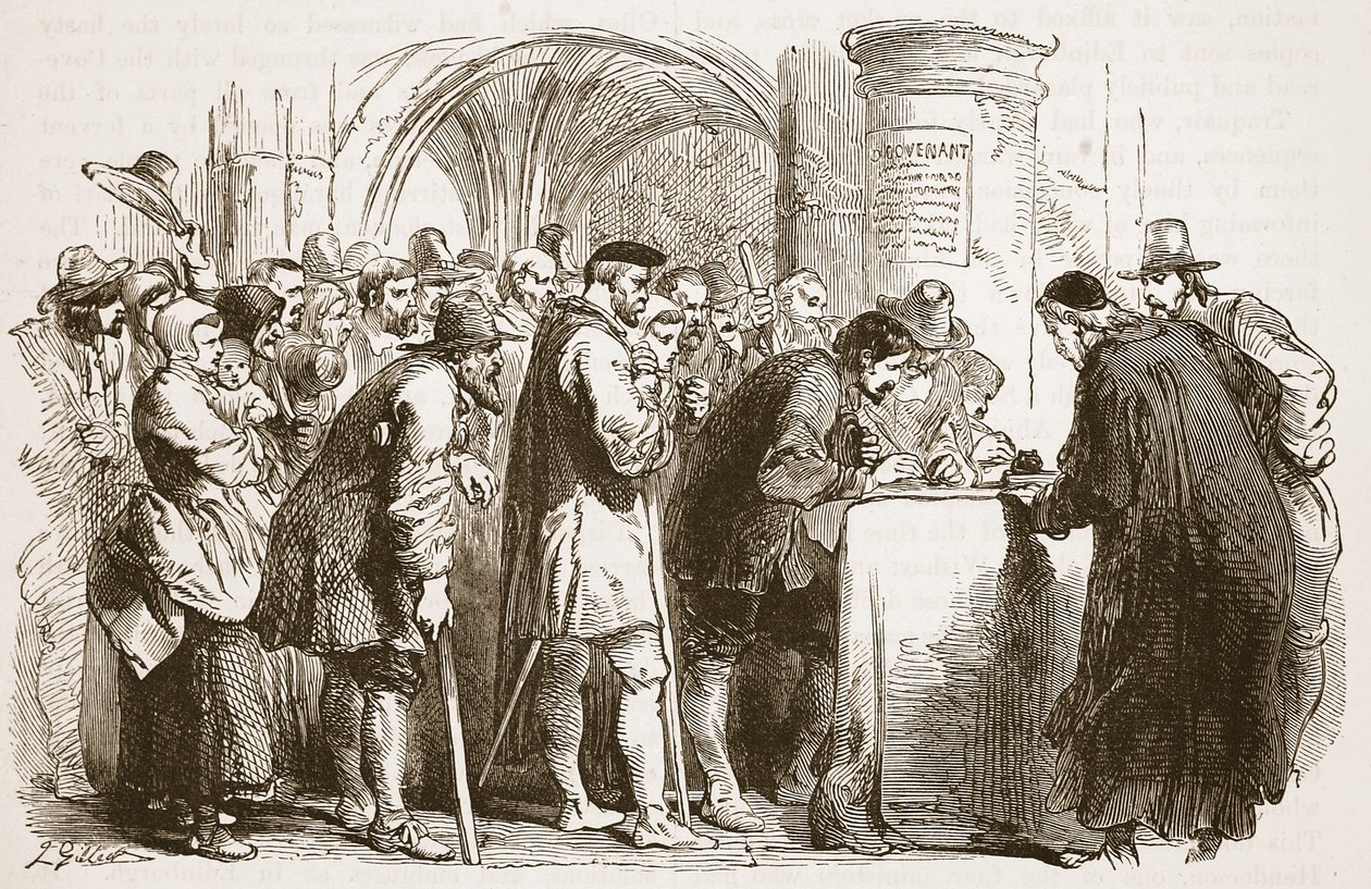 Lidé podepisující smlouvu v kostele svatého Jiljí v Edinburghu, ilustrace z Cassells Illustrated History of England (sépiová fotografie) od English School
