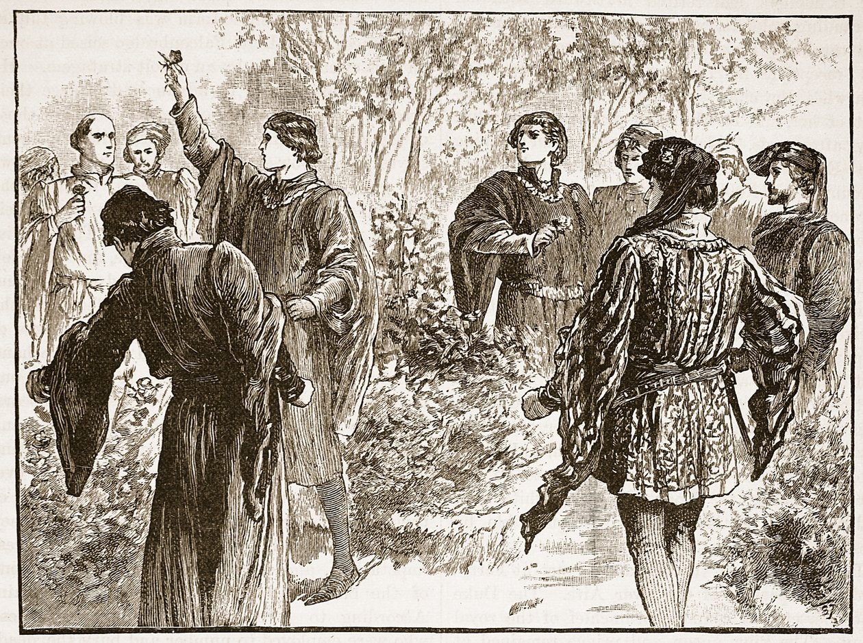 Hádka v Temple Gardens, ilustrace z Cassells Illustrated History of England (sépiová fotografie) od English School