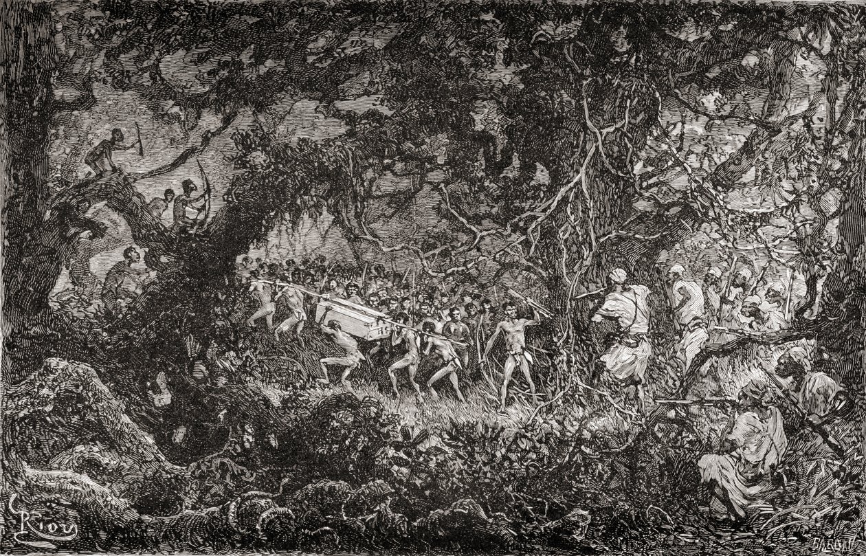 Průzkumníci z expedice sira Henryho Mortona Stanleyho Emin Paša v Africe v roce 1888 objevili Pygmeje, kteří odnášeli bednu s municí, vydáno 1890. od English School