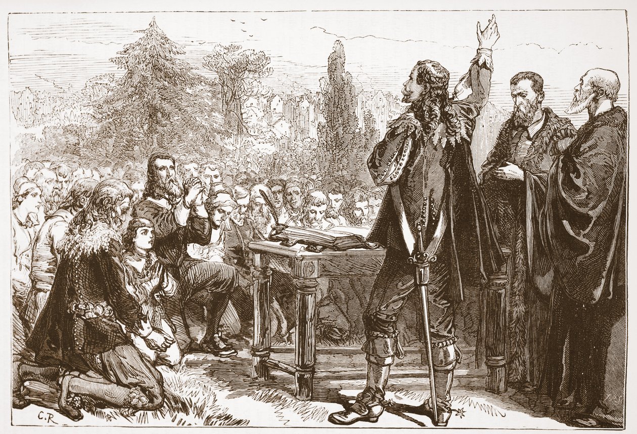 Přísaha a upisování Národní smlouvy v Greyfriars Churchyard, Edinburgh, ilustrace z Historie protestantismu od Jamese Aitkena Wylie (1808-1890), pub. 1878 od English School