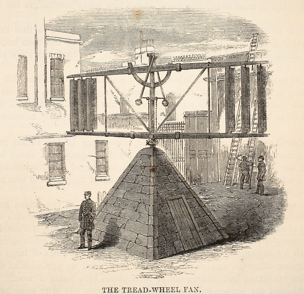 Ventilátor s běžícím kolem, ilustrace z knihy The Criminal Prisons of London and Scenes from Prison Life od Henryho Mayhewa a Johna Binnyho, vyd. 1862 od English School