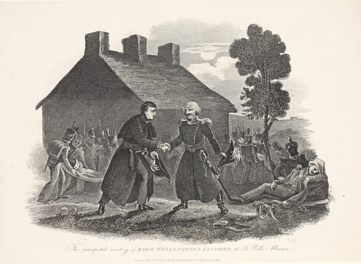 Nečekané setkání lorda Wellingtona a Bluchera v hospodě La Belle Alliance. T Kelly, 1811 od English School