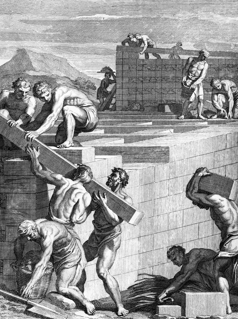 Hradby měst mezi Galy jsou postaveny z alternativních kurzů kamenů a trámů, které vyryl Cornelis Huyberts, ilustrace ke komentářům Caesars přeložil do angličtiny William Duncan, od English School