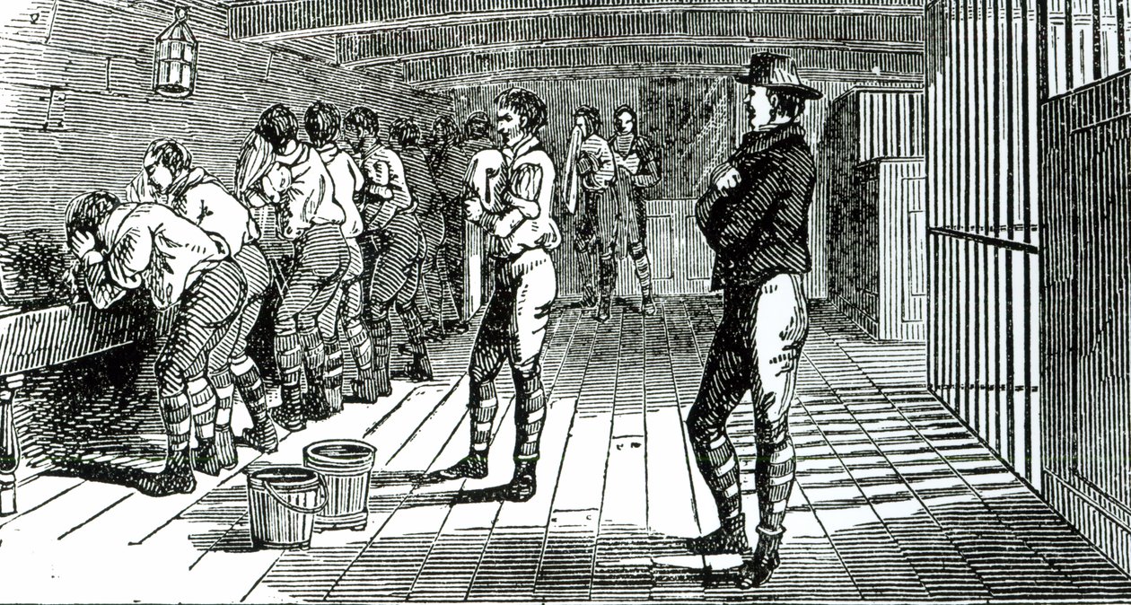 Umývárna v podpalubí – transport odsouzených odborářů do Austrálie, ilustrovaný v The Martyrs of Tolpuddle, publikovaném Trades Union Congress, 1834 od English School