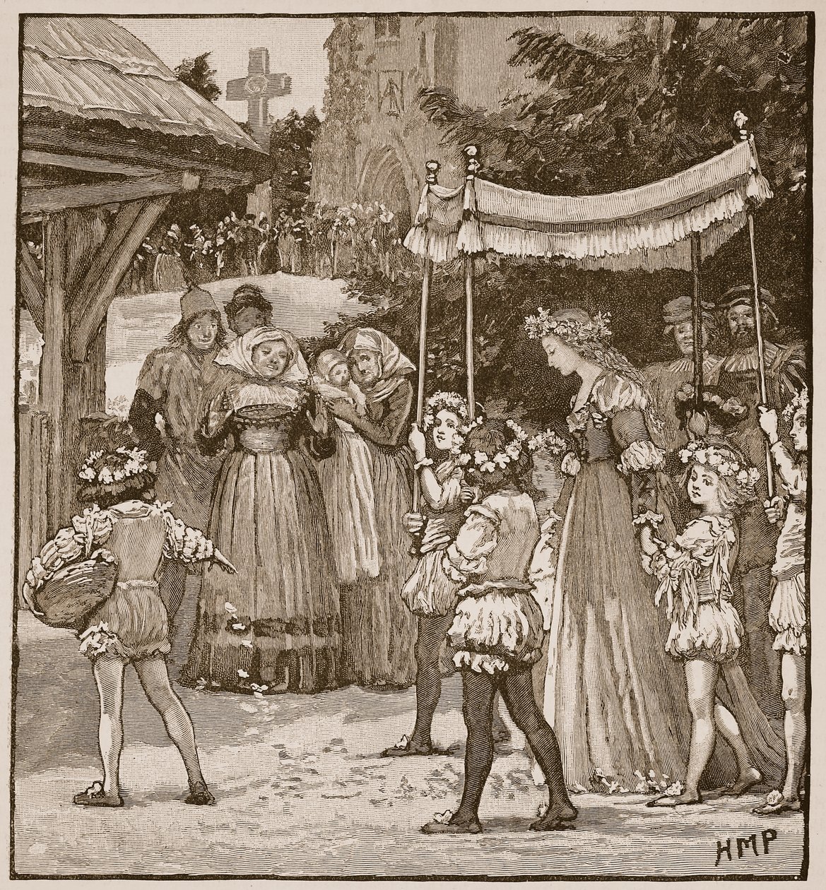 Svatba Jacka z Newbury: průvod nevěst, ilustrace z Cassells Illustrated History of England (sépiová fotografie) od English School