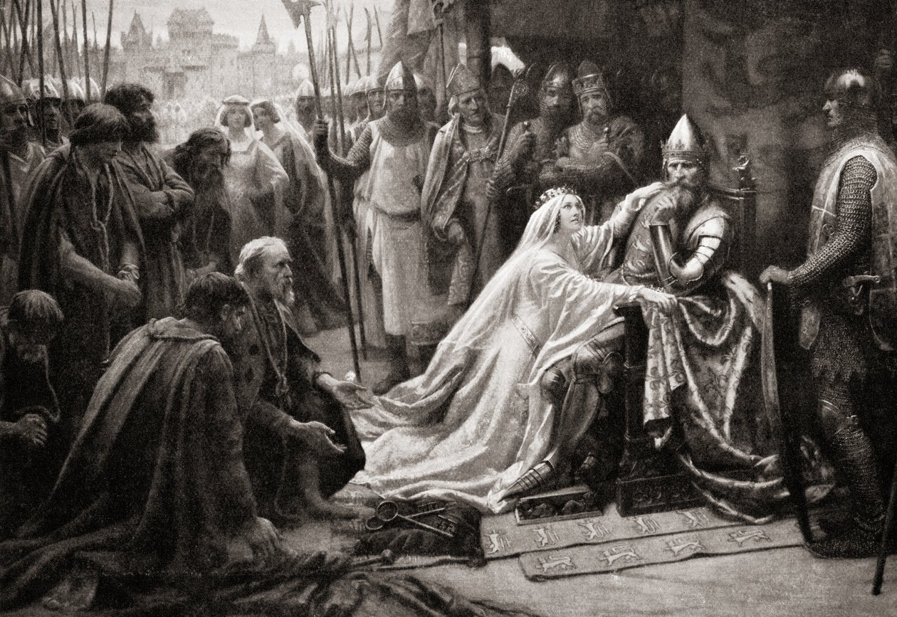 Manželka krále Edwarda III., královna Filipa z Hainaultu, se u svého manžela přimlouvá, aby požádala, aby byly ušetřeny životy sedmi měšťanů Calais (tisk) od English School