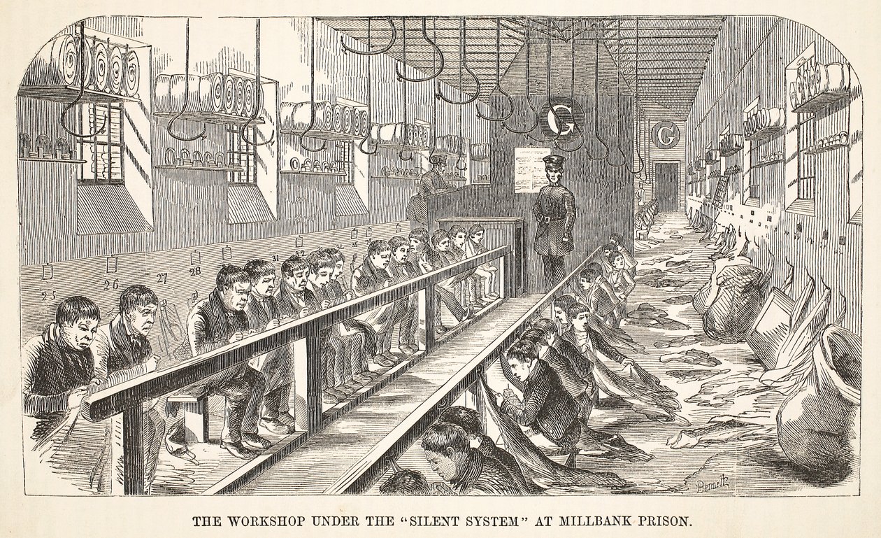 Dílna v rámci tichého systému ve věznici Millbank, ilustrace z knihy The Criminal Prisons of London and Scenes from Prison Life od Henryho Mayhewa a Johna Binnyho, vyd. 1862 od English School