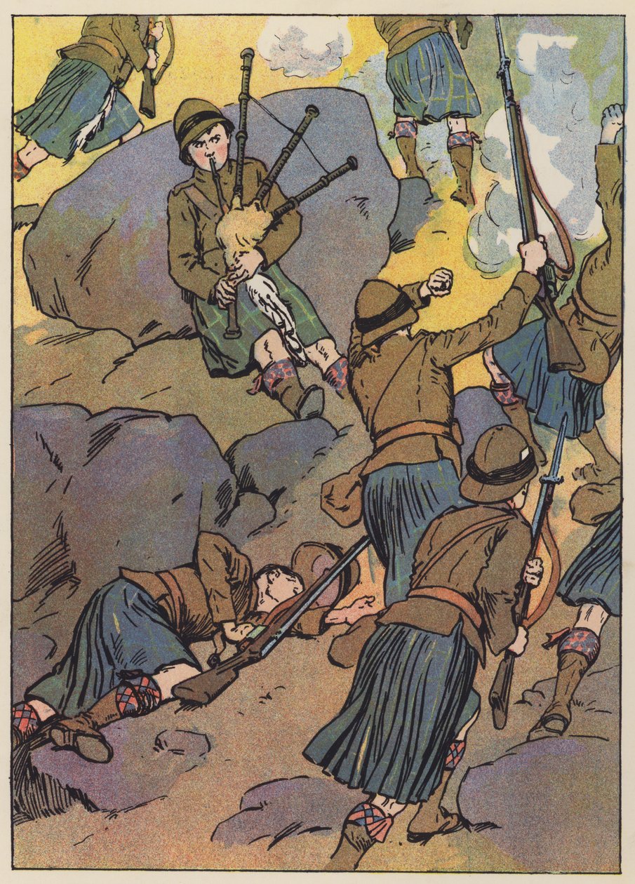Zraněný dudák hraje vojákům na vítězství (barevná litografie) od English School