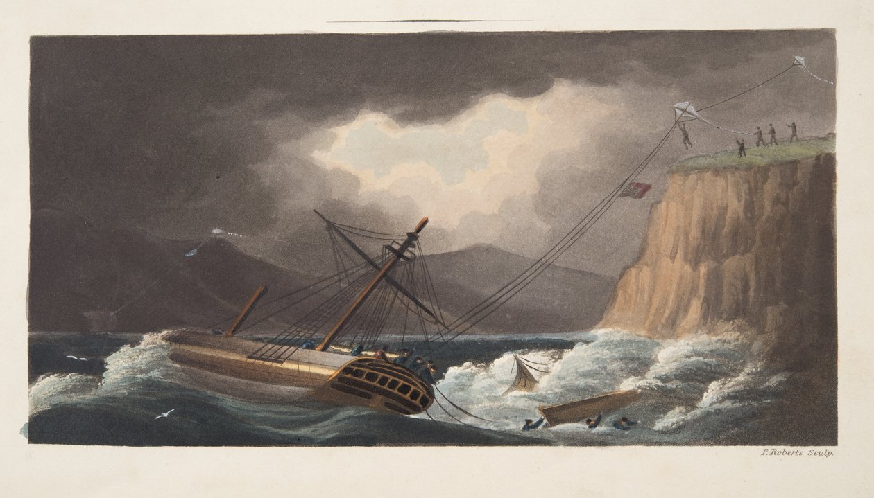 „Dosud se o věci pokusilo“, Milton, detail z frontispisu z „Aeropleustic Art, or Navigation in the Air, by Use of Kites, or Buoyant Sails, pub. 1827 (ručně kolorovaná akvatinta) od English School