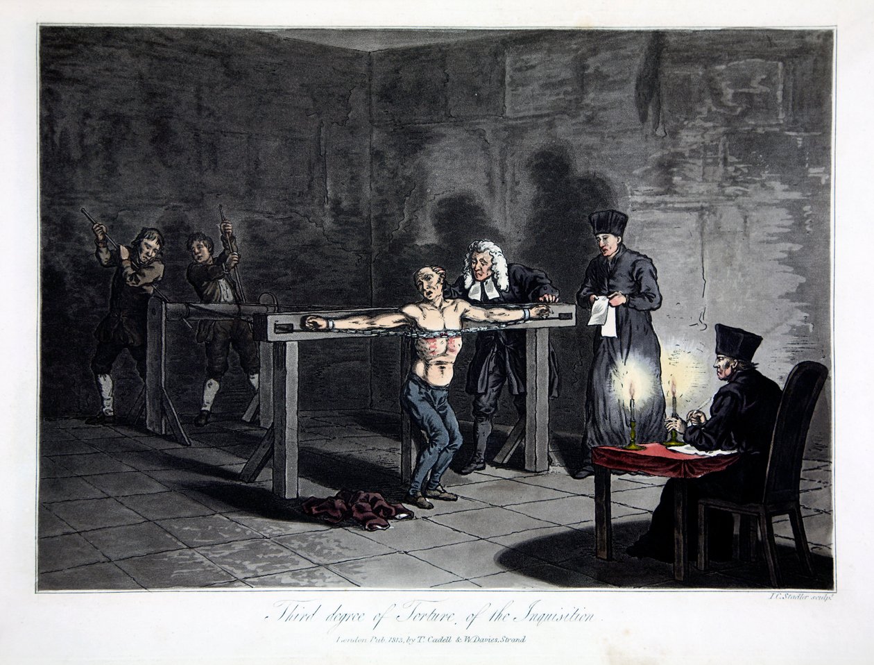 Třetí stupeň mučení inkvizice, vyryl L.C. Stadler, hospoda. Cadell & Davies, Londýn, kolem roku 1813 (barevná rytina) od English School