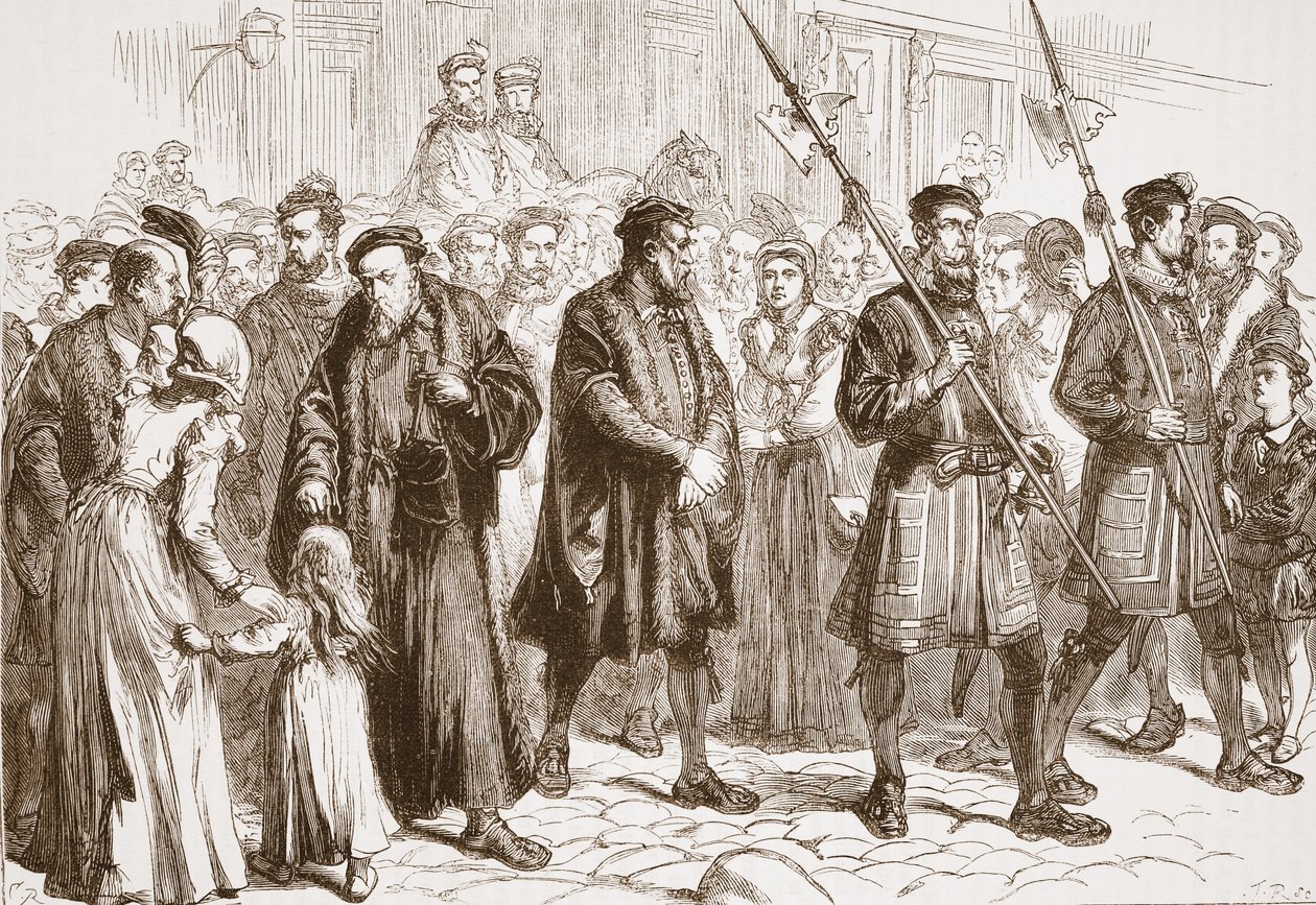 Thomas Bilney na cestě ke kůlu, ilustrace z „Dějin protestantismu“ od Jamese Aitkena Wylie (1808-1890), hospoda. 1878 (rytina) od English School