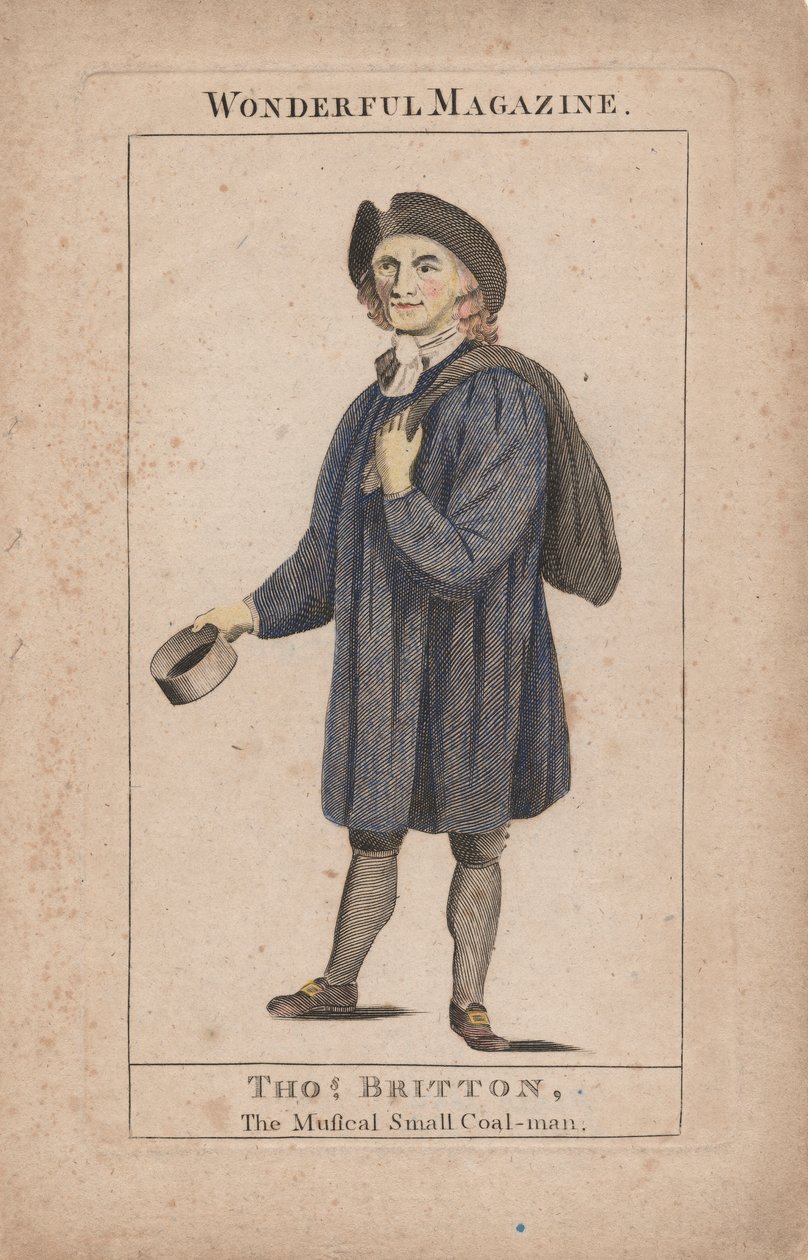 Thomas Britton: The Musical Small Coal-Man, ilustrace z Wonderful Magazine, kolem roku 1764 (ručně kolorovaná rytina) od English School