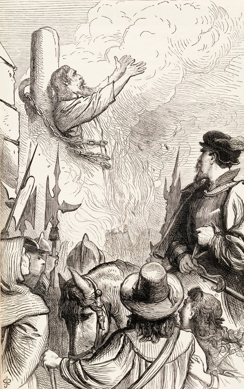 Thomas Hawkes upálen na hranici během mariánských perzekucí, kolem roku 1865 (dřevoryt) od English School