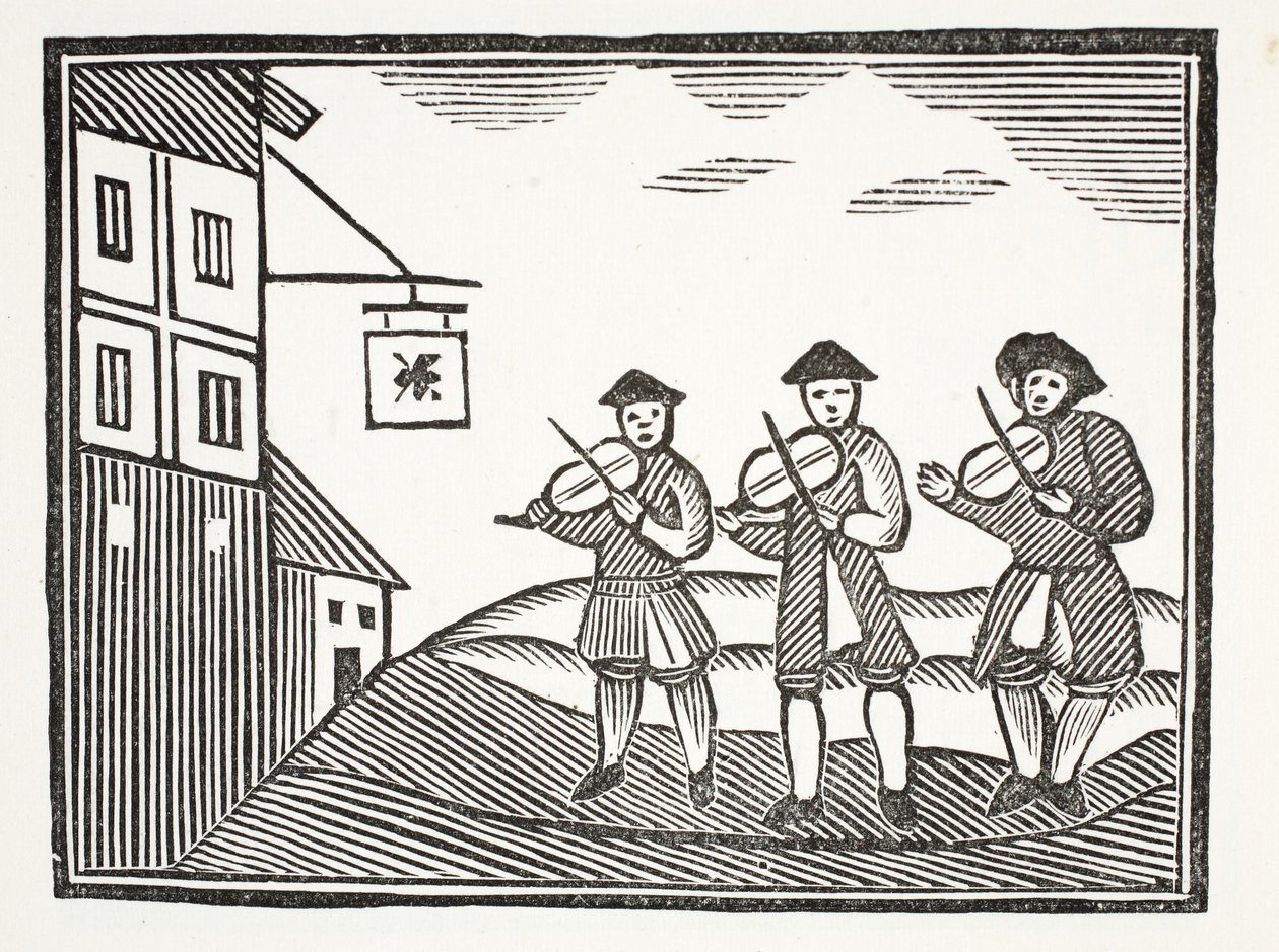 Tři fidleri v Thames Street, kteří si ráno zahráli ženicha, který jim nedal nic pít, ilustrace z Chap-books of the Eighteenth Century od Johna Ashtona, hospoda. 1882 od English School