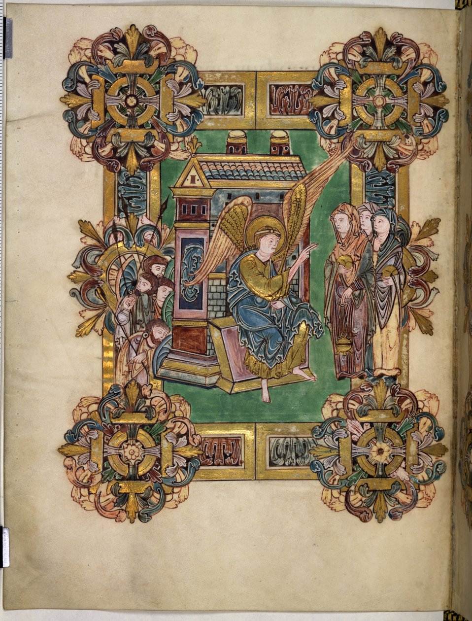 Tři Marie u hrobu, z Benedikcionálu svatého Æthelwolda, asi 963-984 (tuš a zlato na pergamenu) od English School
