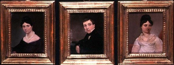 Tři portréty bratra a dvou sester v regentských šatech, kolem roku 1825 (olej na desce) od English School