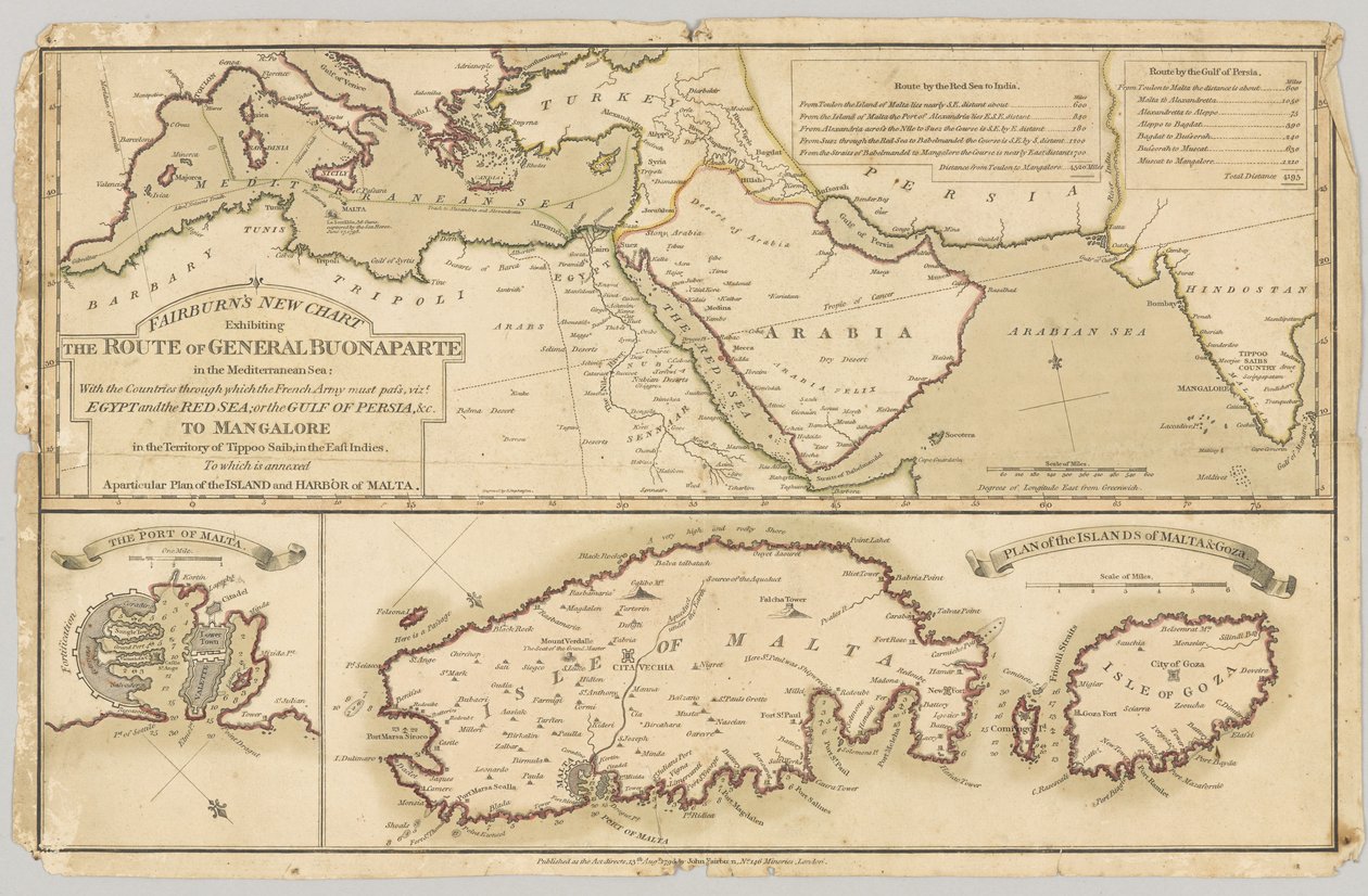 Tři tištěné barevné mapy: Fairburns New Chart ukazující cestu generála Bonaparta ve Středozemním moři, 1798 od English School