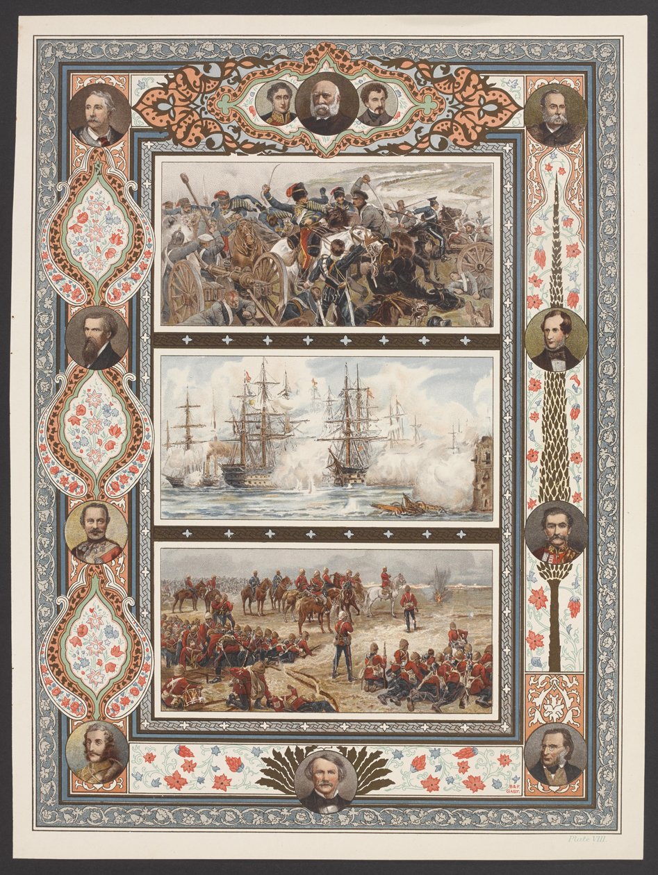 Tři viněty zobrazující námořní a pozemní bitevní scény, včetně filmu R. Caton Woodville ‚Relief of the Light Brigade‘ od English School