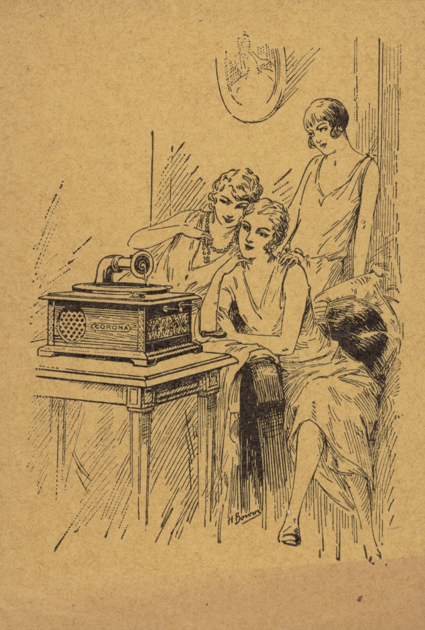 Tři mladé ženy poslouchající gramofon (rytina) od English School