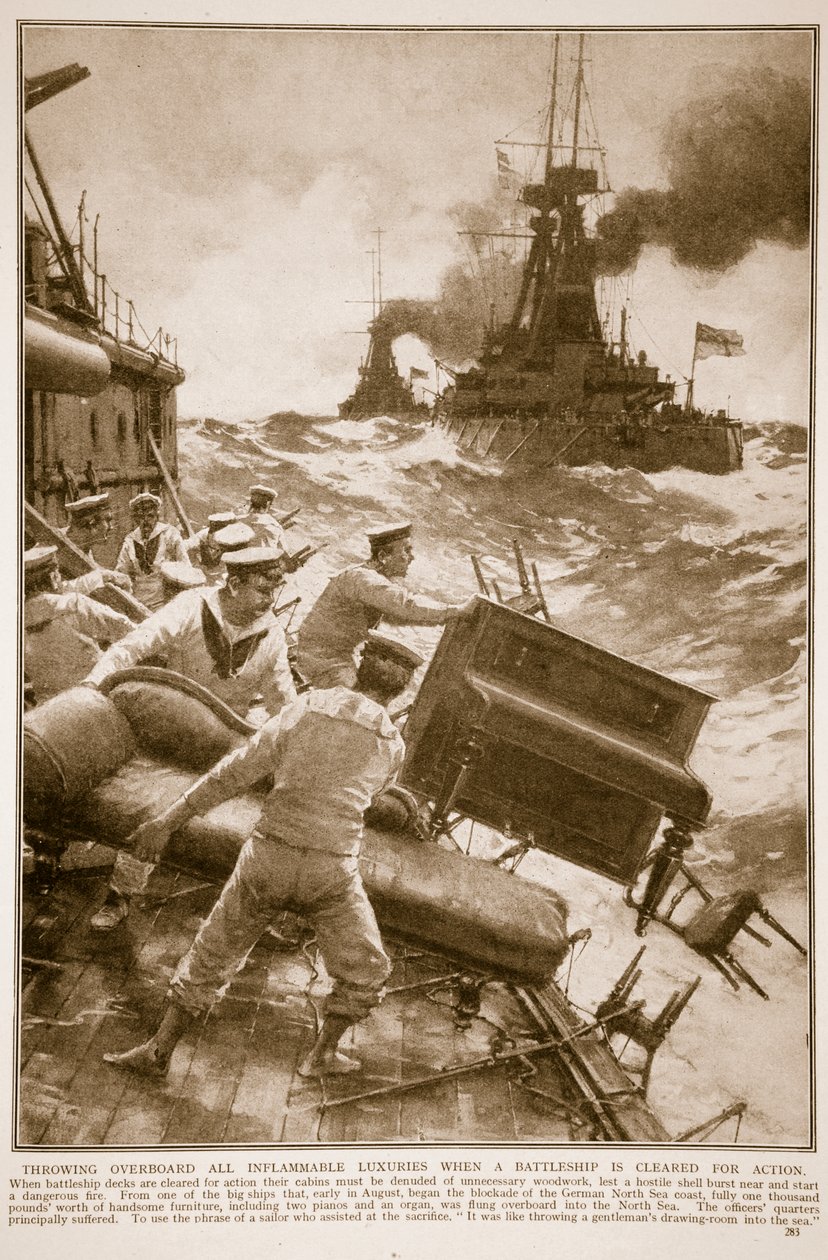 Házení všech hořlavých předmětů přes palubu při povolování bitevní lodi do akce, 1914-19 od English School