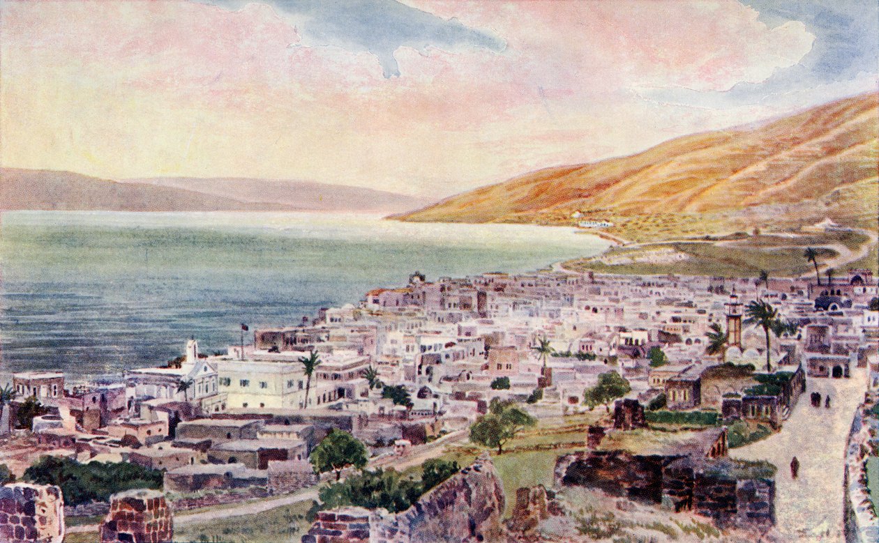Tiberius a Galilejské jezero, Izrael, kolem roku 1910 (barevné lito) od English School