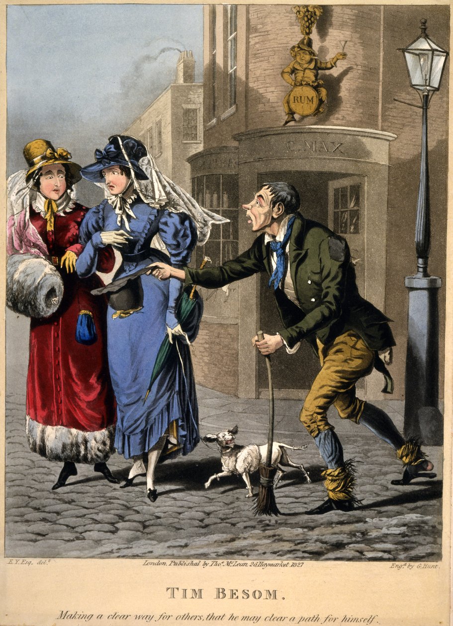 Tim Besom – dává ostatním jasnou cestu, aby si uvolnil cestu sám sobě. Vyryl G Hunt, Pub. Thos. McLean, Londýn, 1827 (ručně kolorovaná rytina) od English School