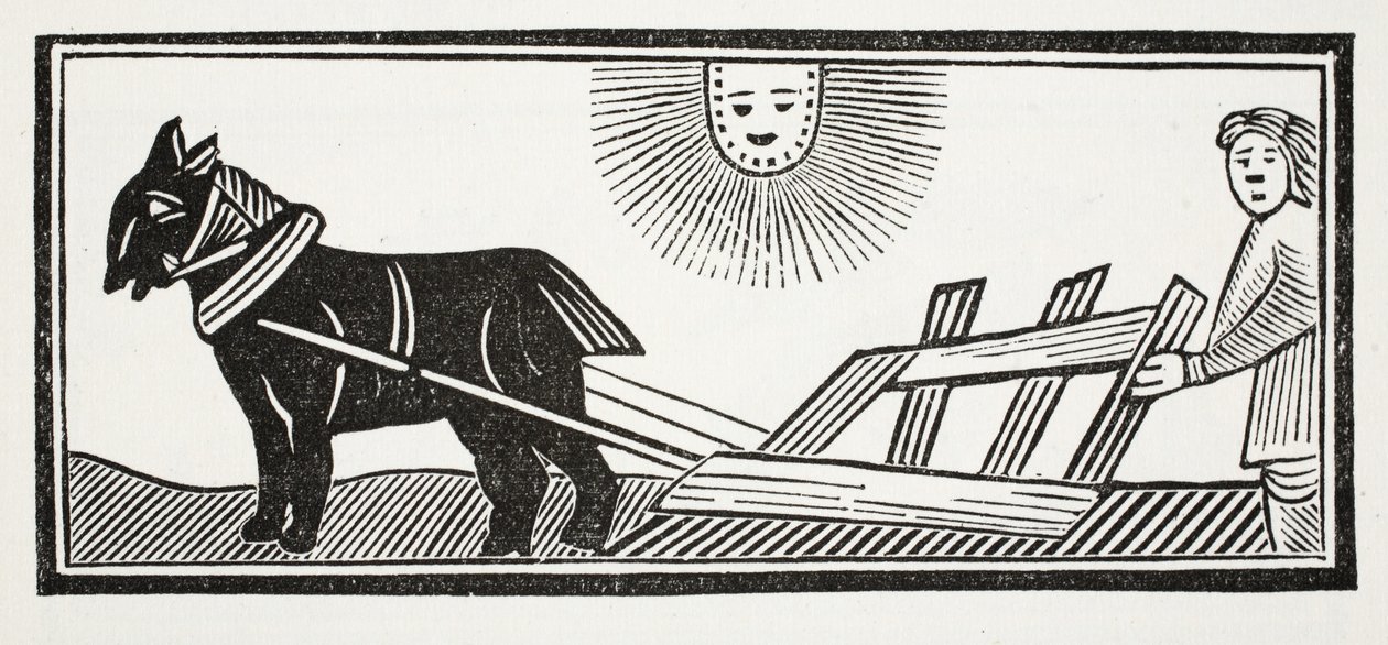 Tis a Pluh, který rozbíjí útroby Země pro zasetí kukuřice, ilustrace z Chap-books of the Eighteenth Century od Johna Ashtona, hospoda. 1882 od English School