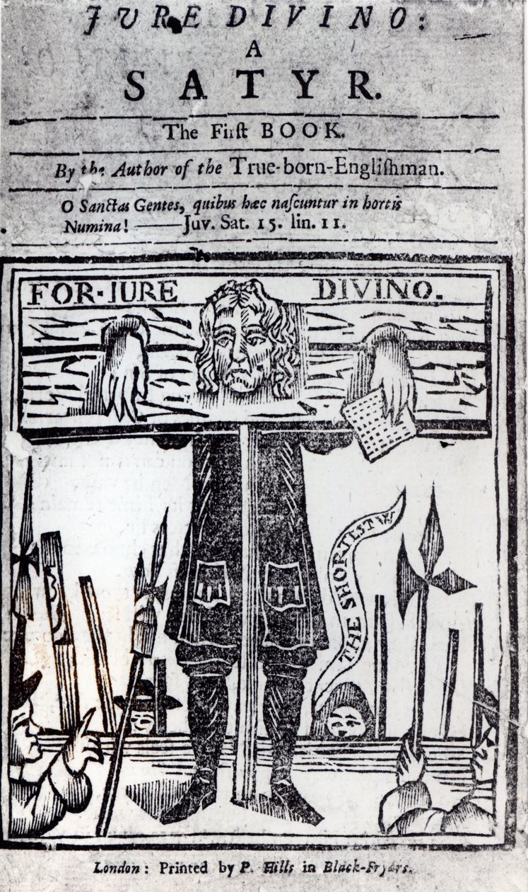 Titulní strana první knihy Jure Divino - Satyr od Daniela Defoea (1660-1731) vydané v roce 1706 od English School