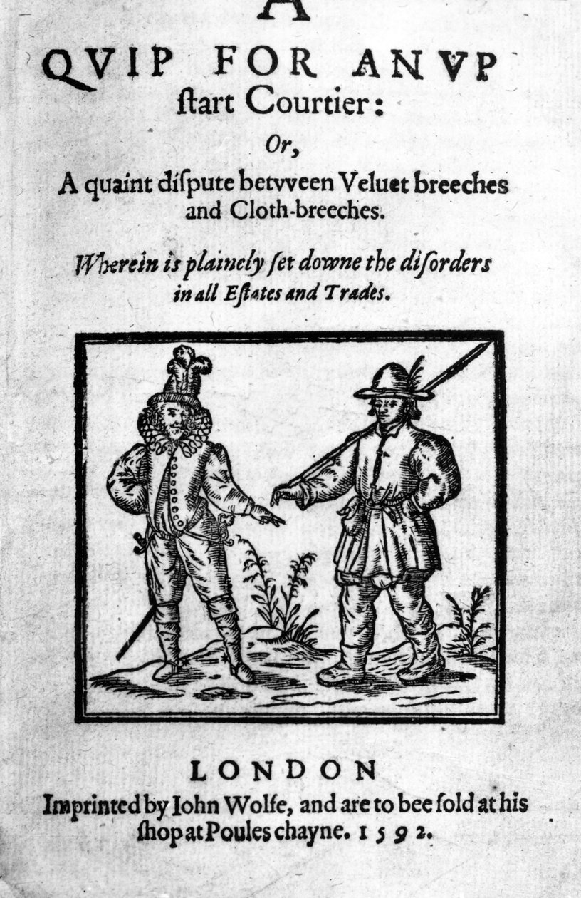 Titulní strana pro Vtip pro povýšeného dvořana: aneb Kuriózní spor mezi sametovými kalhotami a plátěnými kalhotami od Roberta Greena, vydaný v roce 1592 (dřevořez a knihtisk) od English School