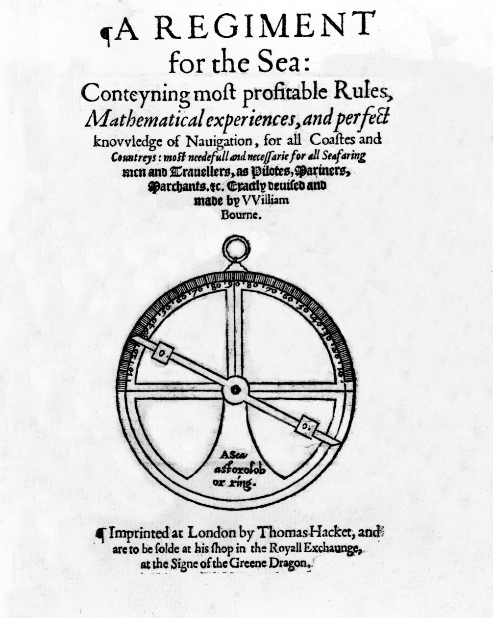 Titulní strana pro A Regiment for the Sea, od Williama Bournea, vydaná kolem roku 1574 (knihtisk a rytina) od English School