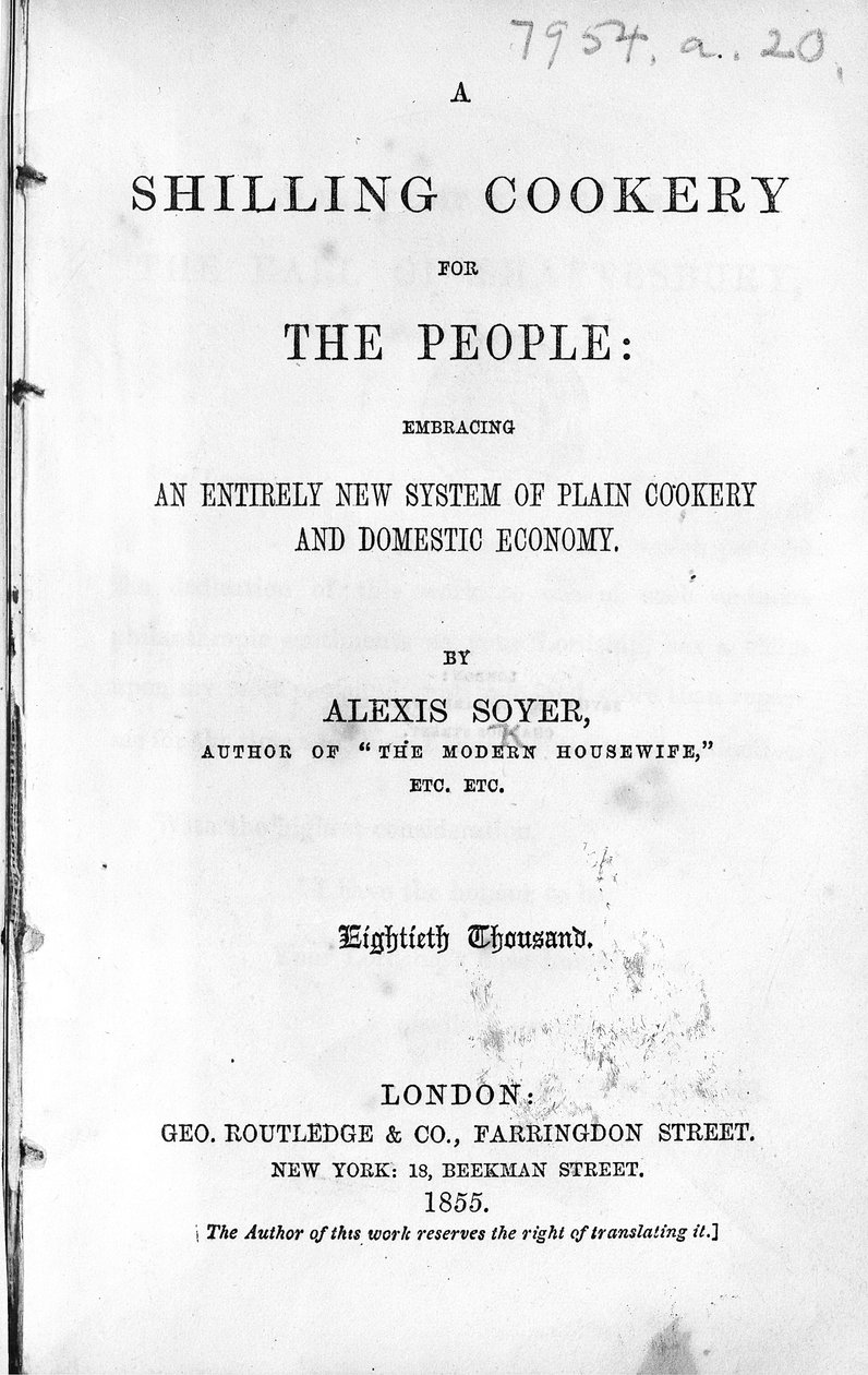Titulní strana pro A Shilling Cookery for The People od Alexise Soyera, vydaná 1855 (tištěný papír) od English School