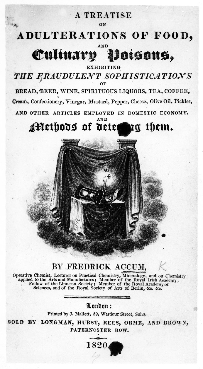 Titulní strana Pojednání o falšování potravin a kulinářských jedů od Fredericka Accuma, vydaná v roce 1820 (tištěný papír) od English School