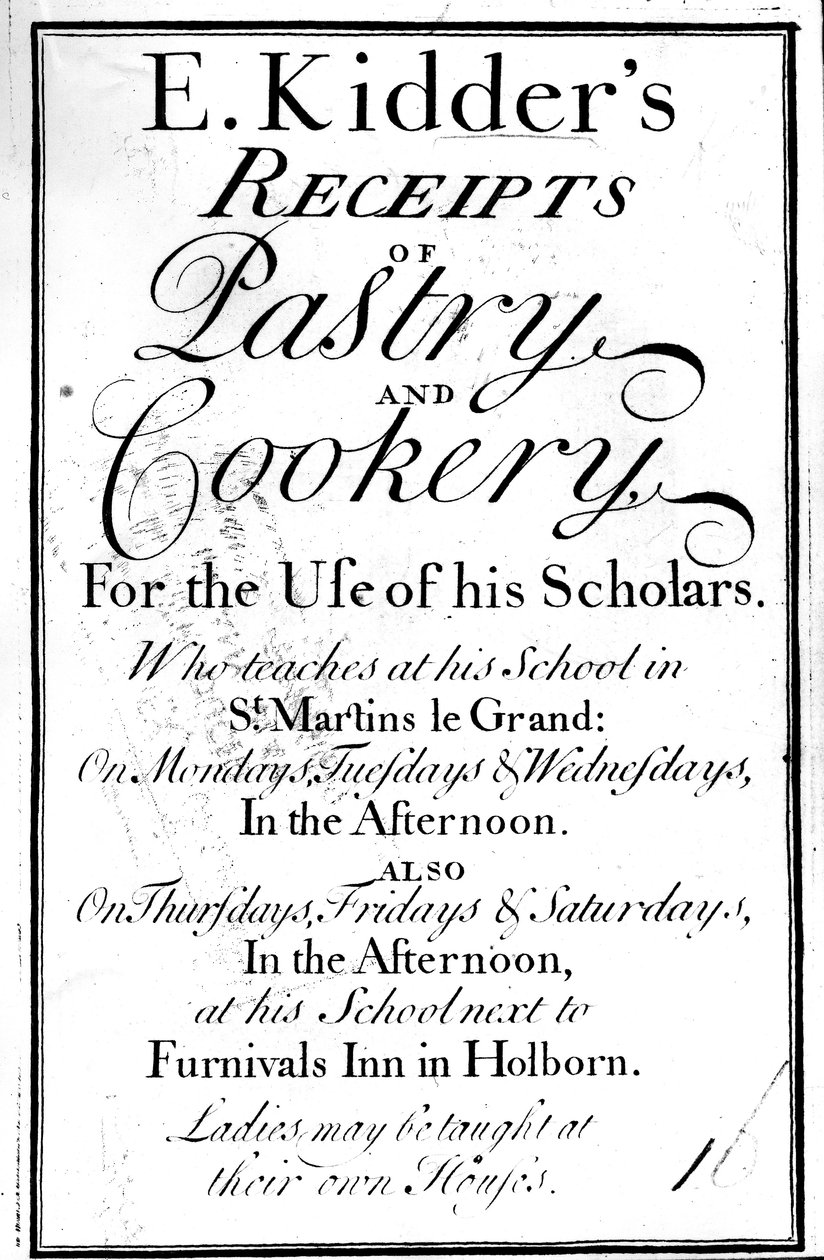 Titulní strana pro E. Kidders Receipts of Pastry and Cookery, Edward Kidder, publikovaná kolem roku 1730 od English School