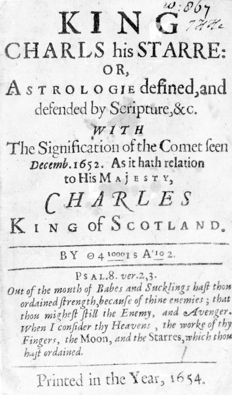 Titulní strana pro King Charls his Starre: Or, Astrologie definovaná a obhajovaná Písmem atd., publikovaná v roce 1654 (knihtisk) od English School