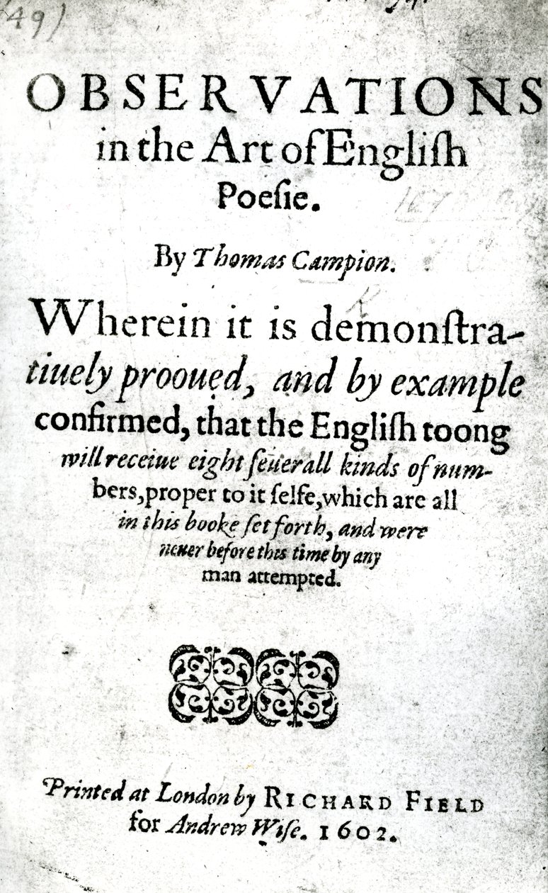 Titulní strana pro pozorování v umění anglické poesie od Thomase Campiona, vydaná 1602 (tištěný papír) od English School
