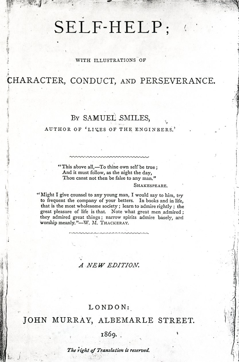 titulní strana pro svépomoc; s ilustracemi charakteru, chování a vytrvalosti od Samuela Smilese, vydáno 1869, (tištěný papír) od English School