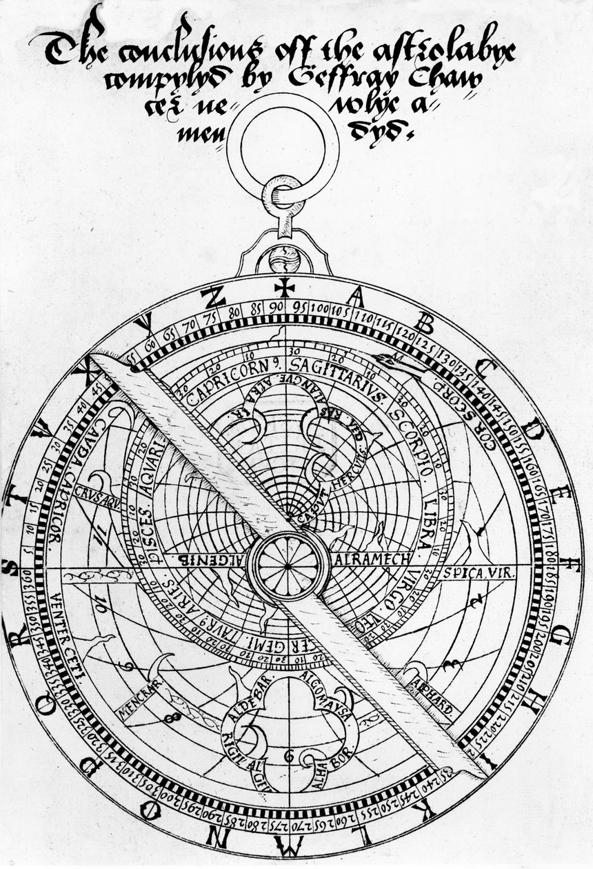 Titulní strana pro The Conclusions of the Astrolabye Compylyd od Geoffrey Chaucer Newlye Amendyd od Waltera Stevinse, kolem 1555 (pero a inkoust na papíře) od English School