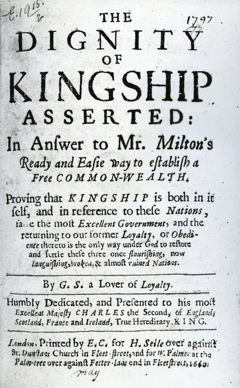 Titulní strana knihy Důstojnost královského impéria prosazovaná GS a milovníkem loajality, vydaná 1660 (tištěný papír) od English School